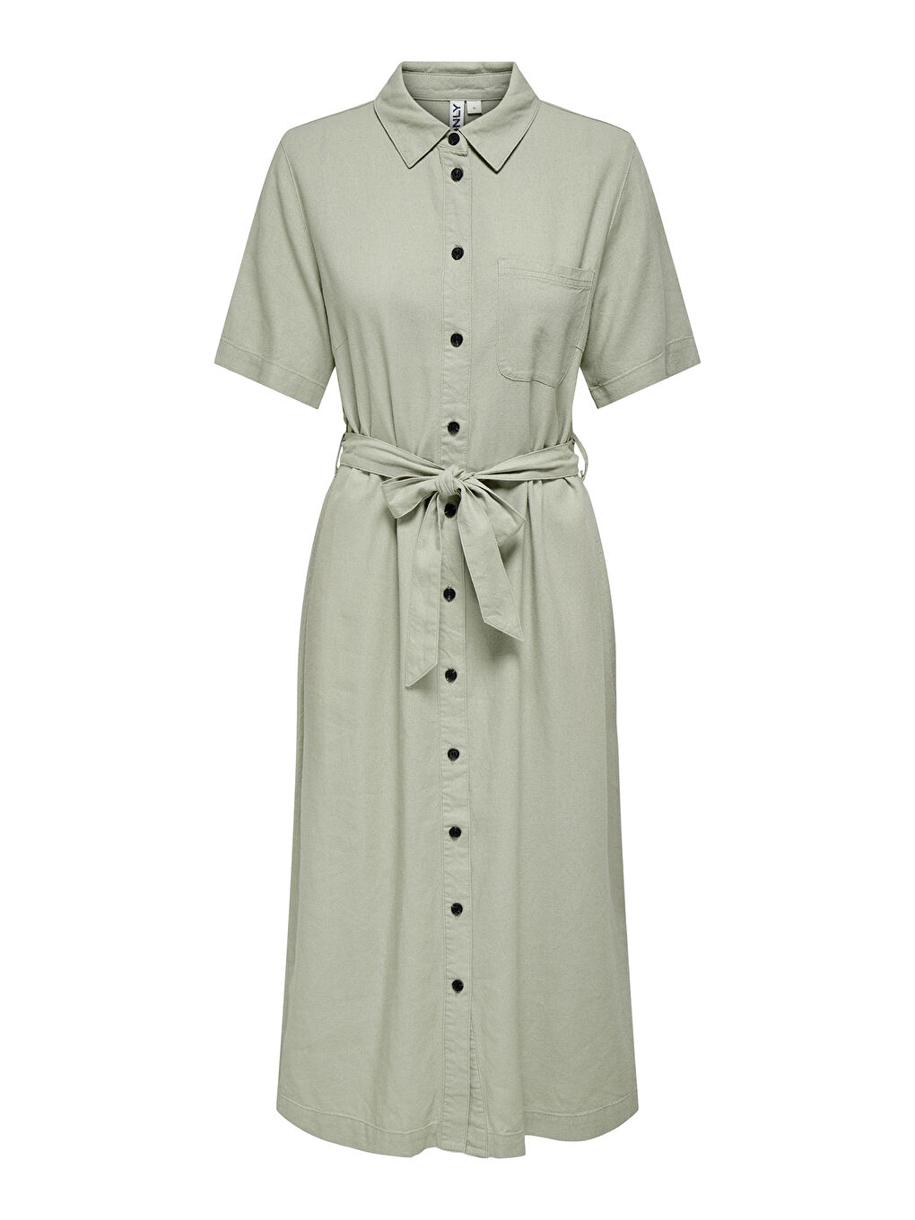 Yeşil Onlcaro Keten Karışımlı Regular Fit Düğmeli Kemerli Midi Kadın Elbise 15338884-5