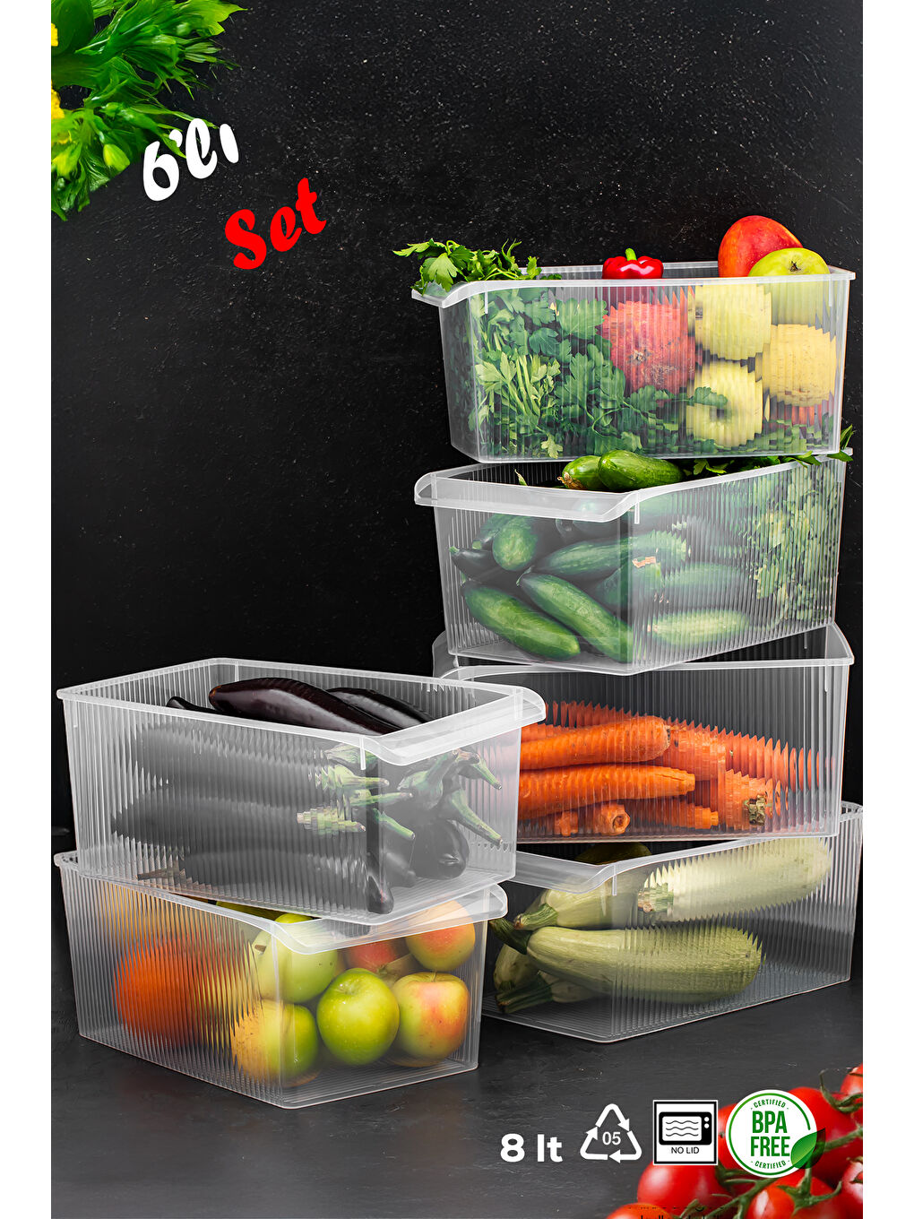 Renksiz 3185 6lı 8 Litre Dolap İçi ve Buzdolabı İçi Düzenleyici Banyo Mutfak Organizeri 20x32x14cm-1