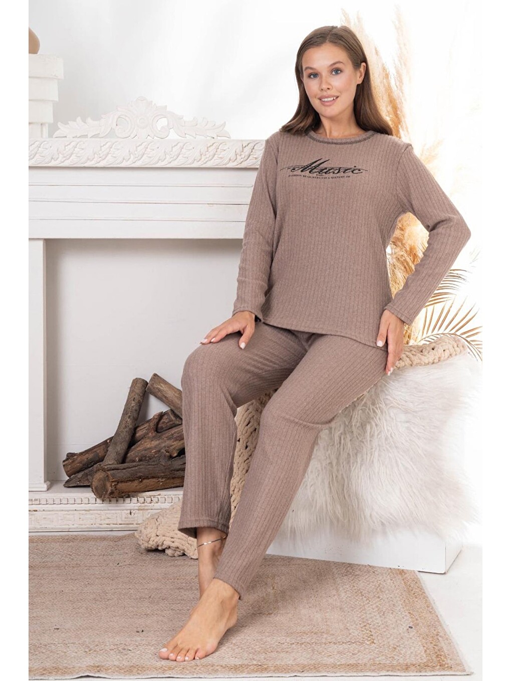 Bej Çizgili Lazy Day Baskılı Bisiklet Yaka Pijama Takımı-1