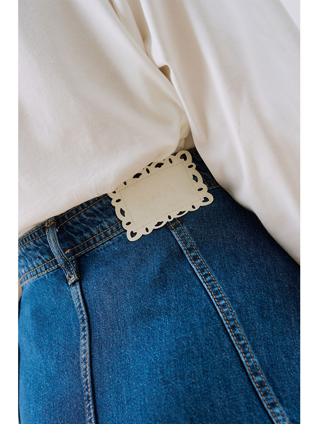 Denim Parçalı Düğmeli Etek Mavi-3