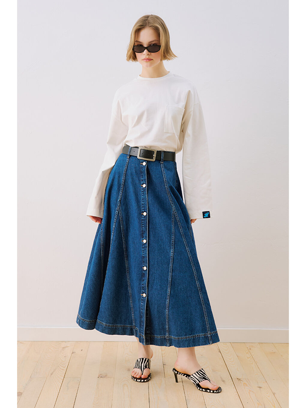 Denim Parçalı Düğmeli Etek Mavi-4