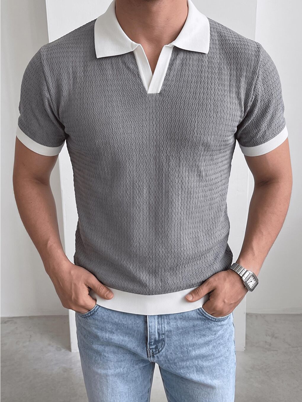 Gri Cube Erkek Slim Fit Jakarlı Polo Yaka Triko Tişört - Kontrast Şeritli Örme Buklet-2