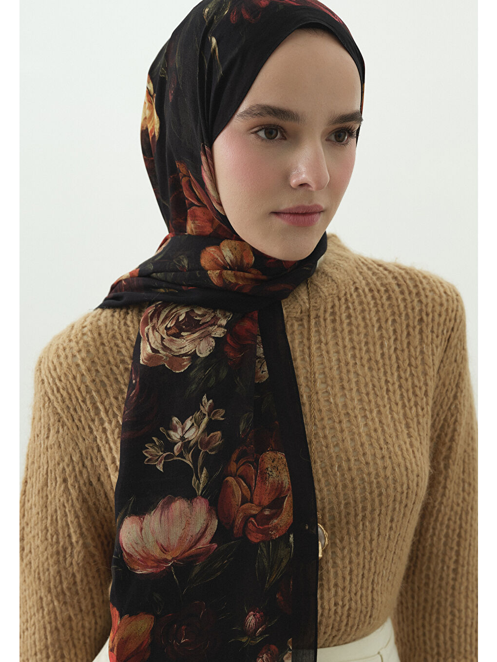 Siyah ROSINE DESENLİ PAMUK VİSKON ŞAL SİYAH-3