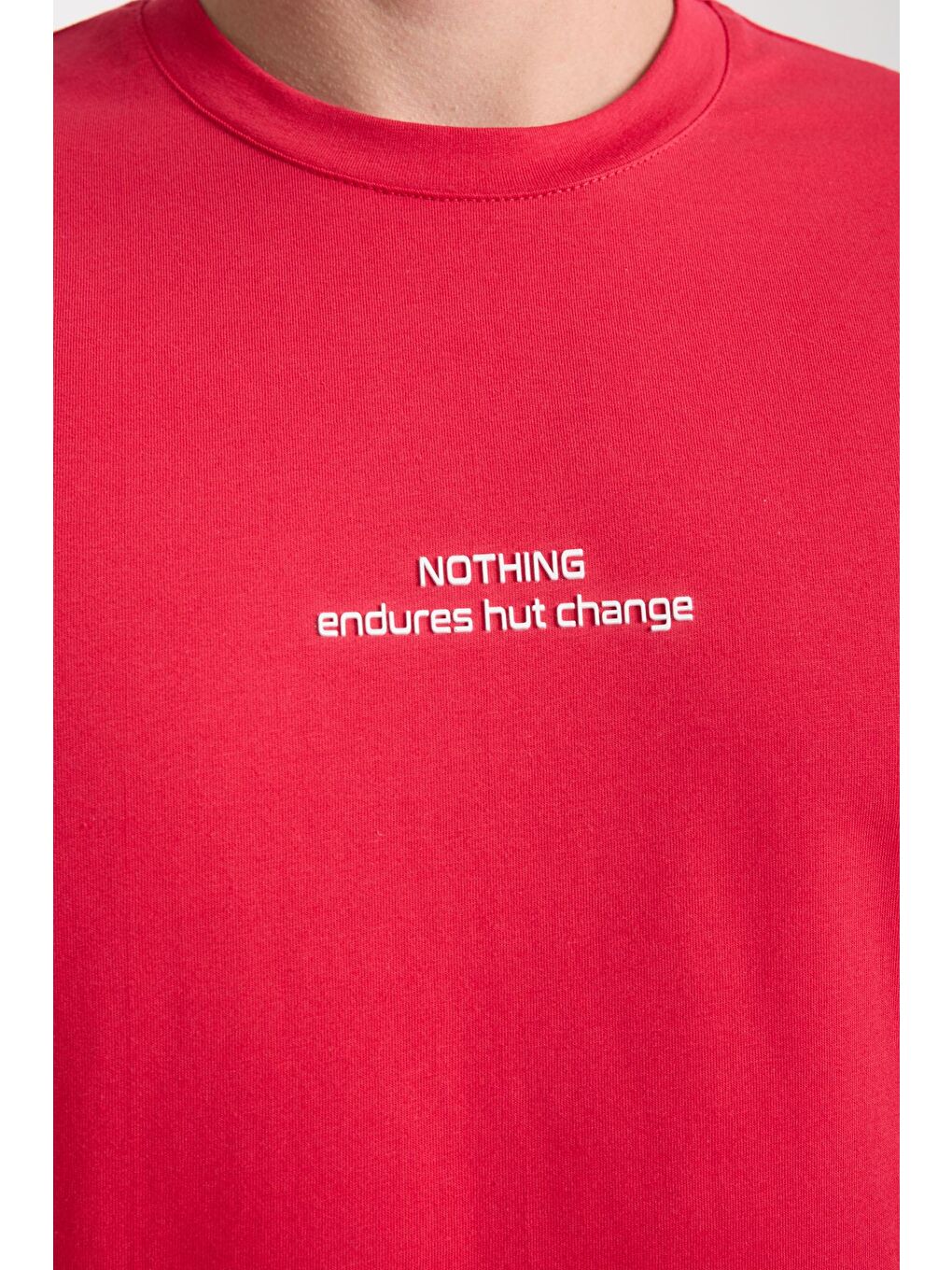 Erkek Kırmızı Nothing Nakış Yazılı Oversize Bisiklet Yaka Tişört-1