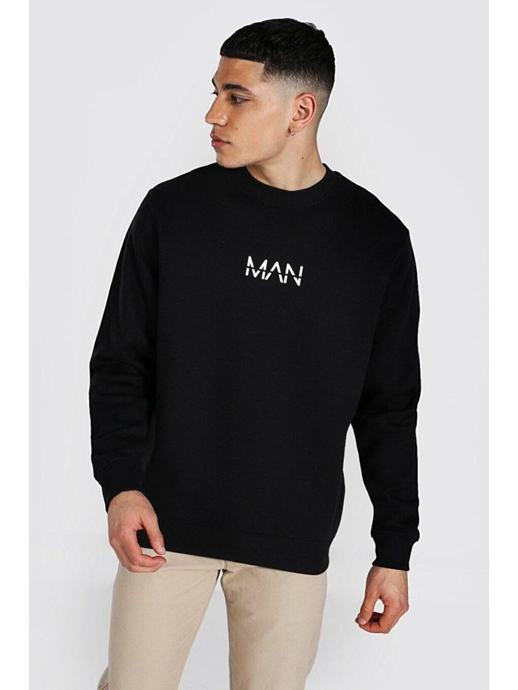 Trendseninle Erkek Siyah Man Baskılı Oversize Sweatshirt