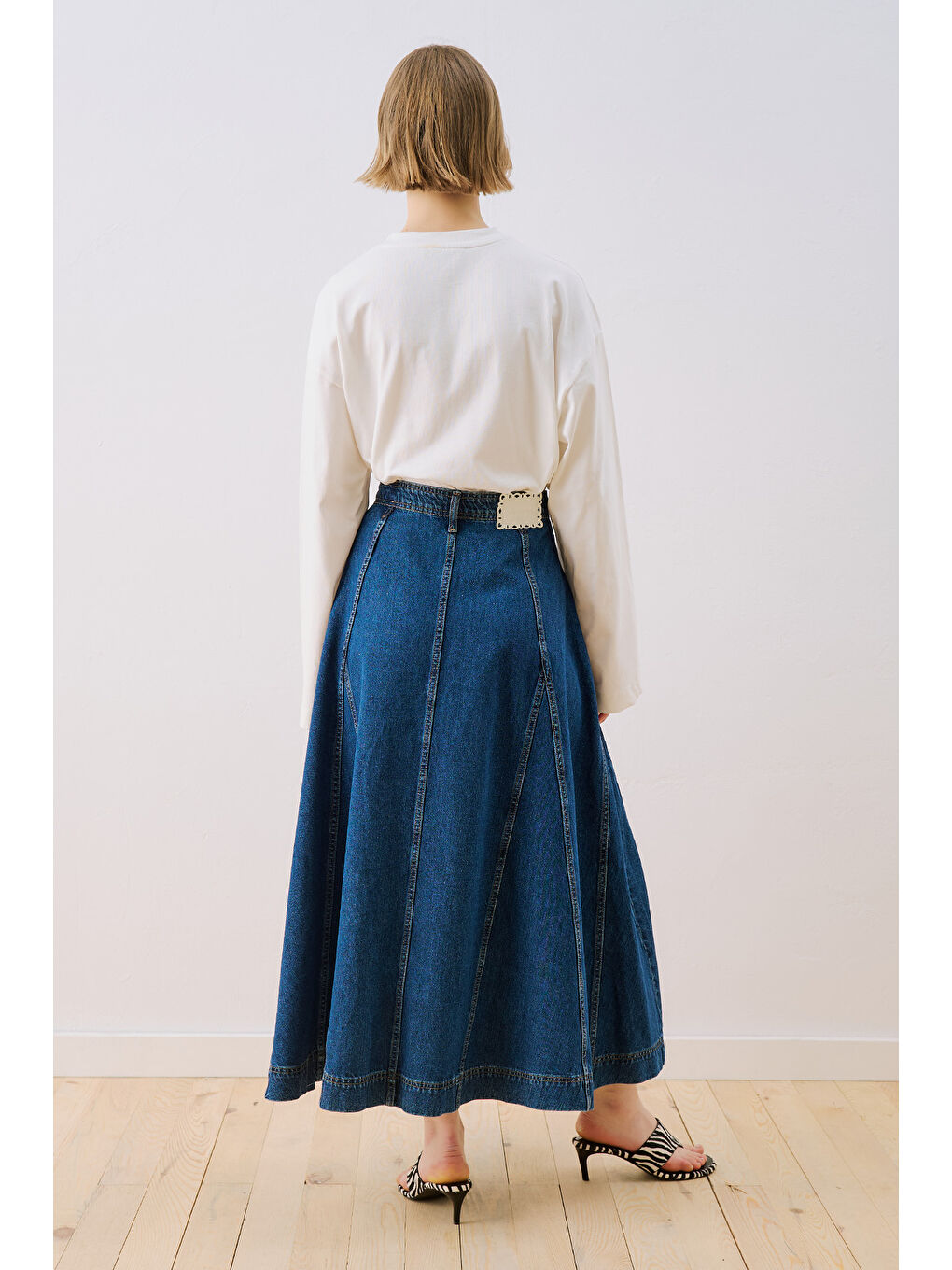 Denim Parçalı Düğmeli Etek Mavi-5