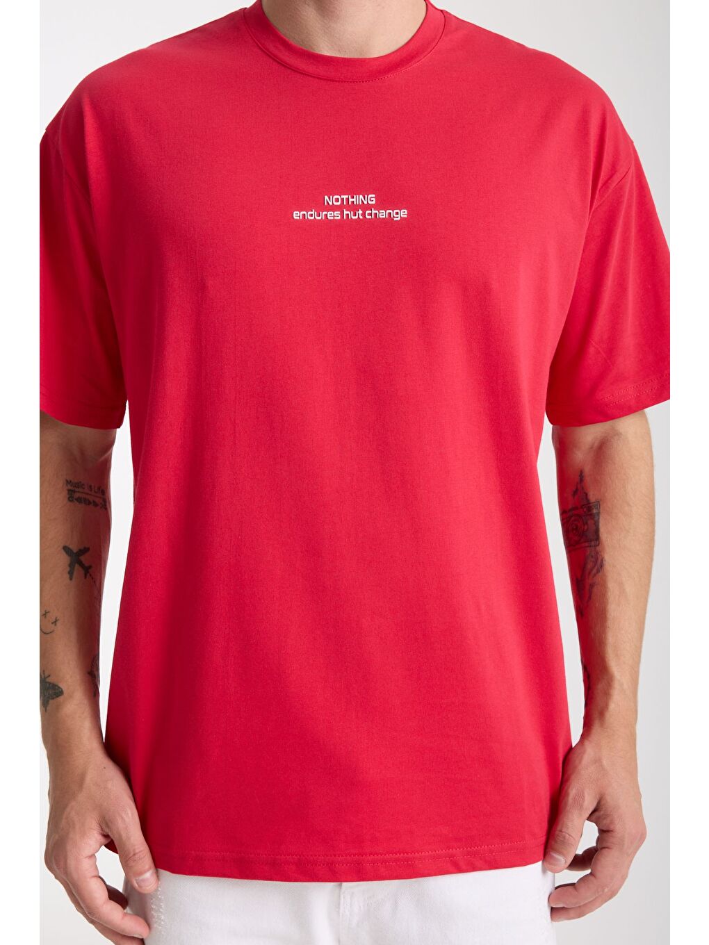 Erkek Kırmızı Nothing Nakış Yazılı Oversize Bisiklet Yaka Tişört-2