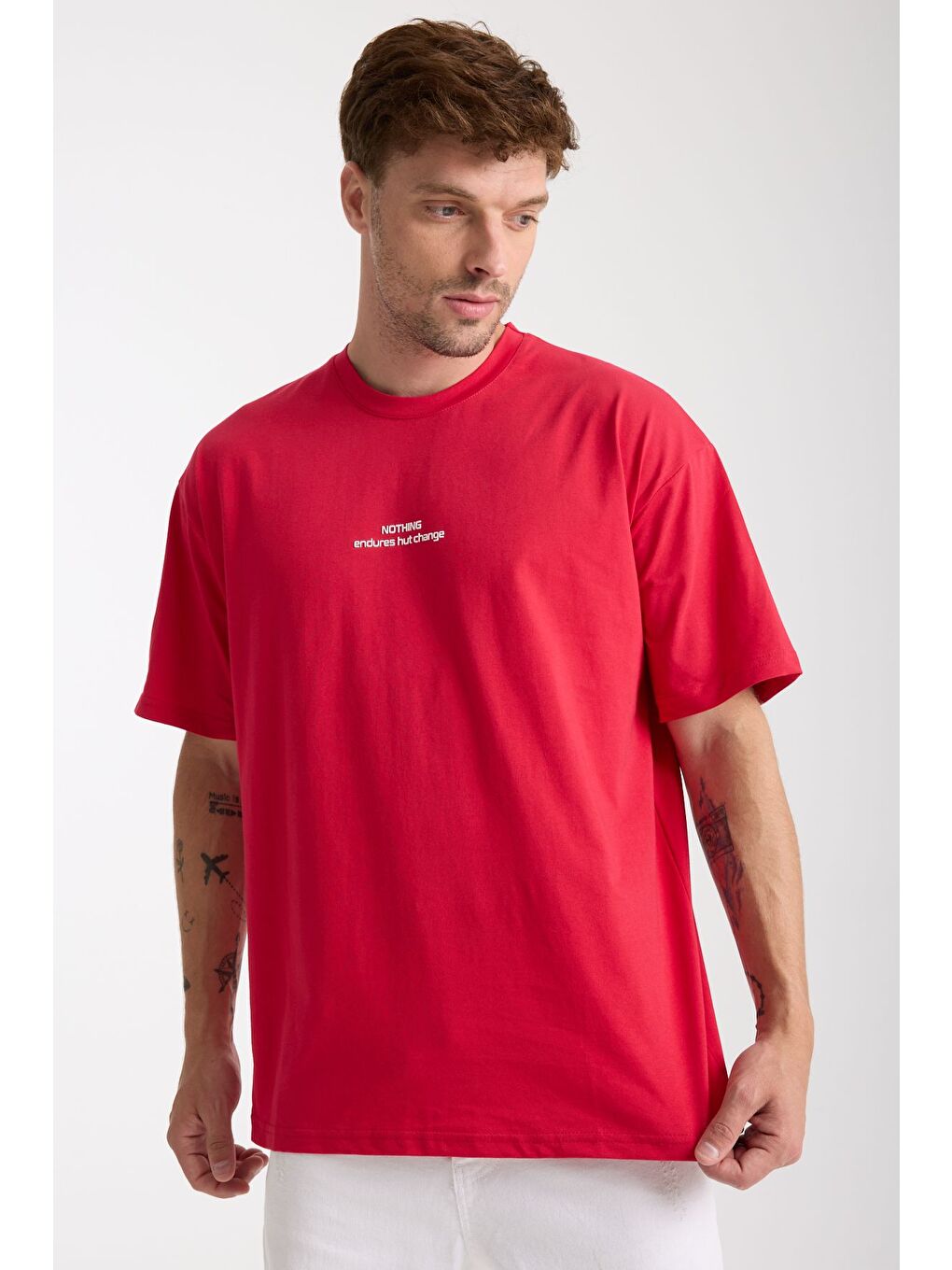 Erkek Kırmızı Nothing Nakış Yazılı Oversize Bisiklet Yaka Tişört-3