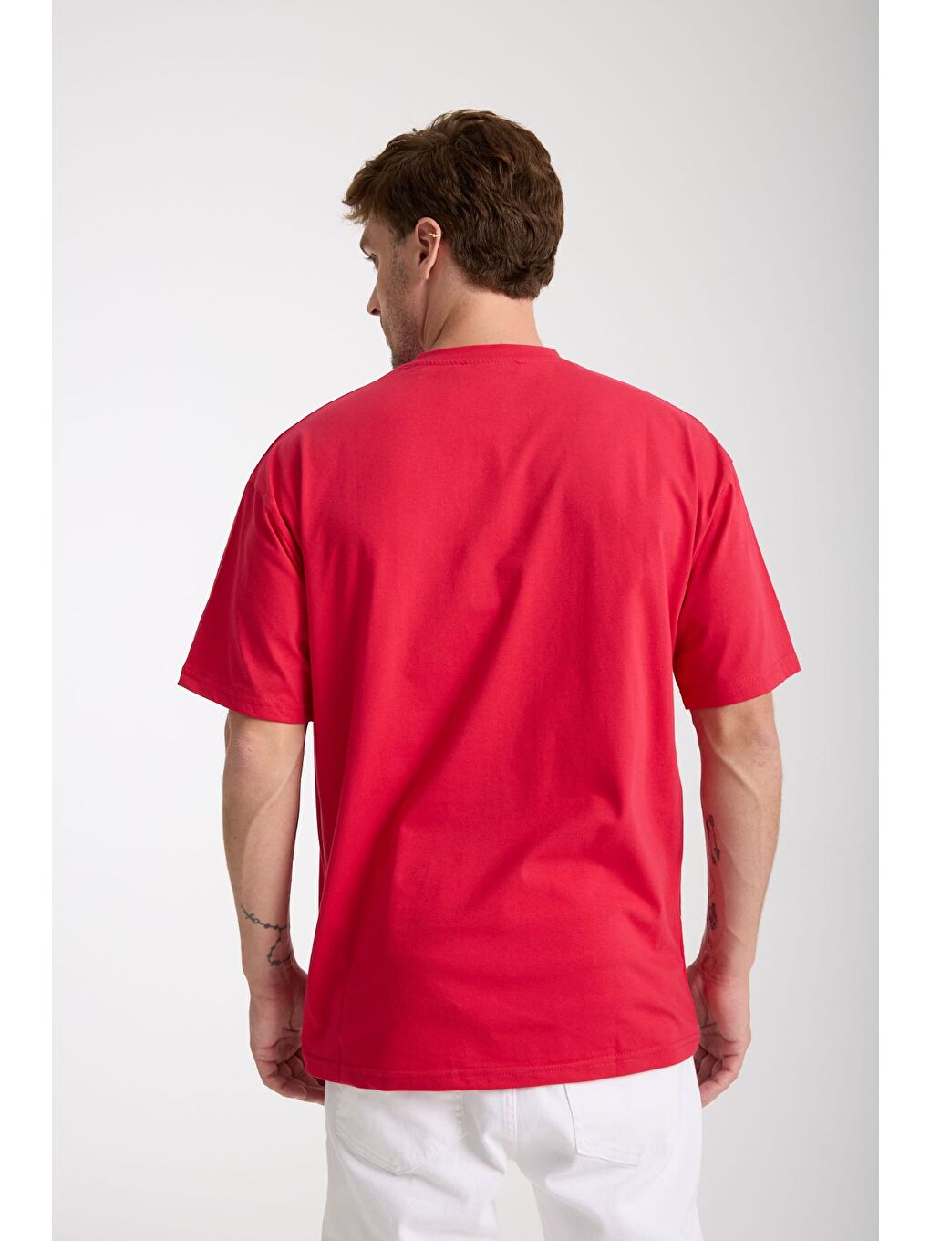 Erkek Kırmızı Nothing Nakış Yazılı Oversize Bisiklet Yaka Tişört-4