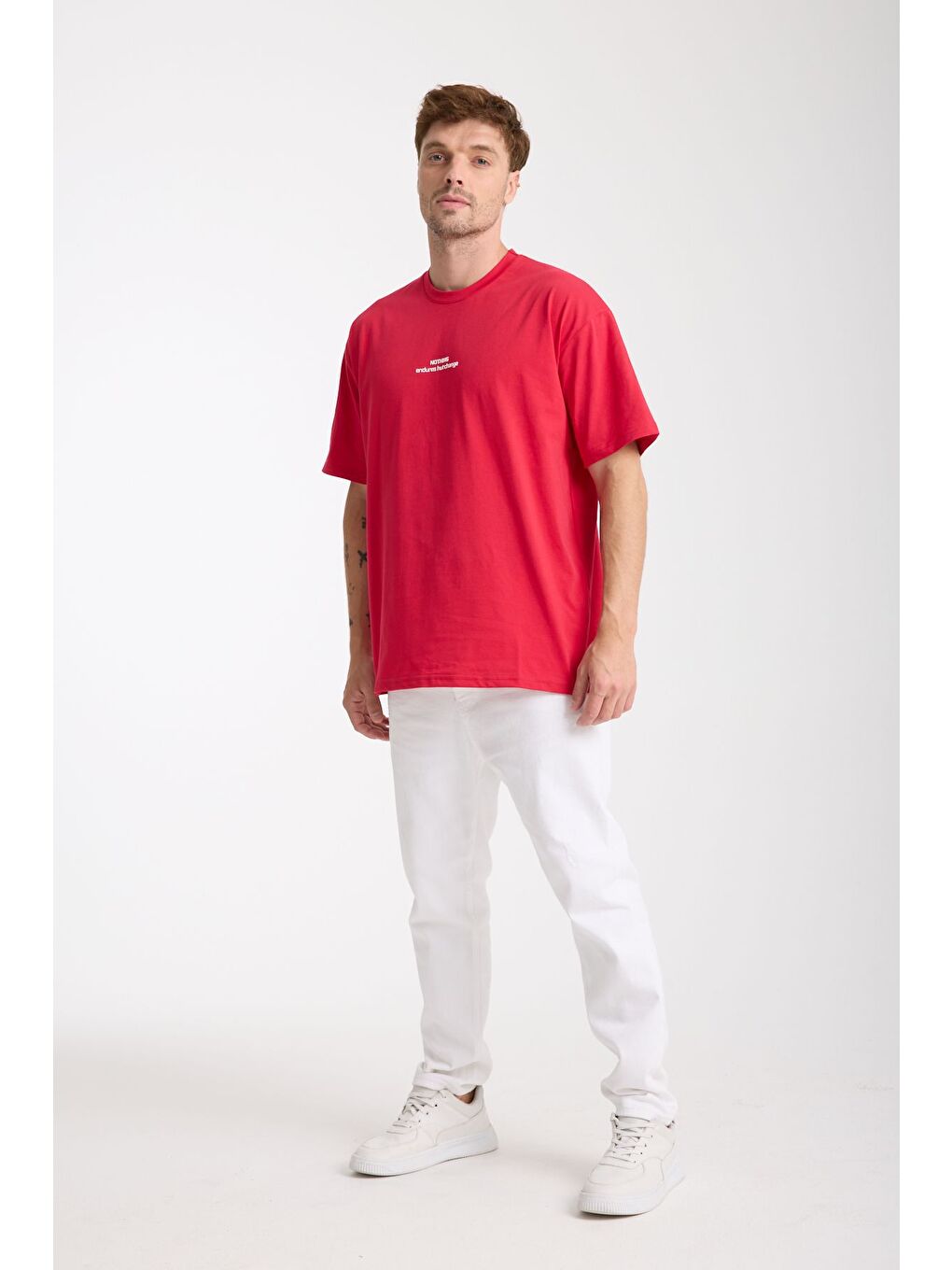 Erkek Kırmızı Nothing Nakış Yazılı Oversize Bisiklet Yaka Tişört-5