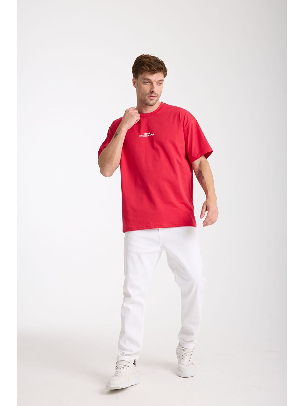 Erkek Kırmızı Nothing Nakış Yazılı Oversize Bisiklet Yaka Tişört-6