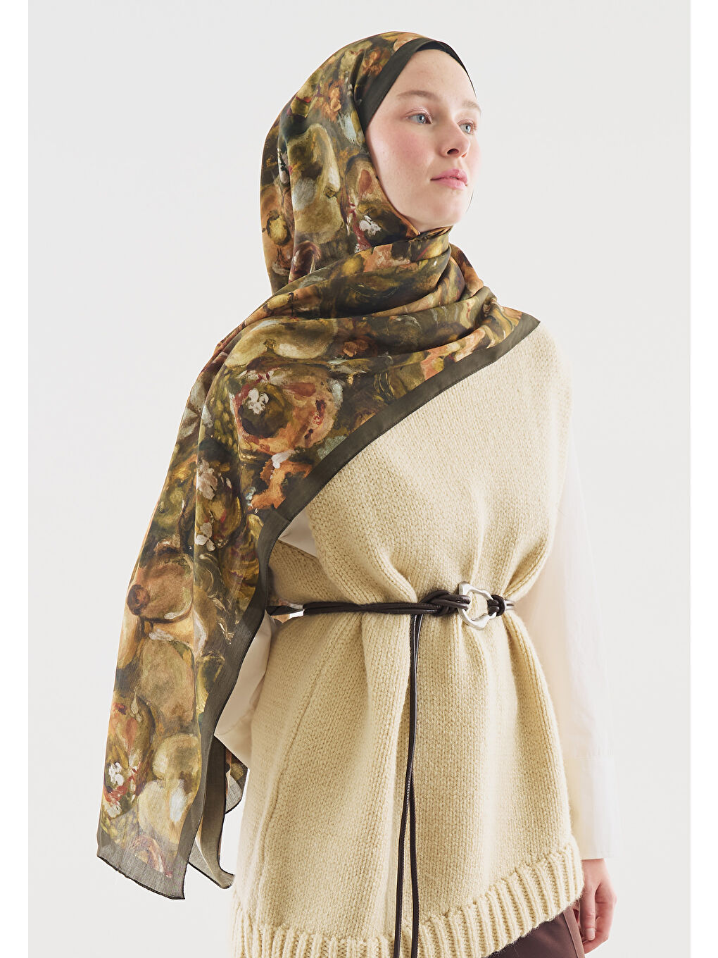 Haki SWEET VANILLA DESENLİ PAMUK VİSKON ŞAL HAKİ-2