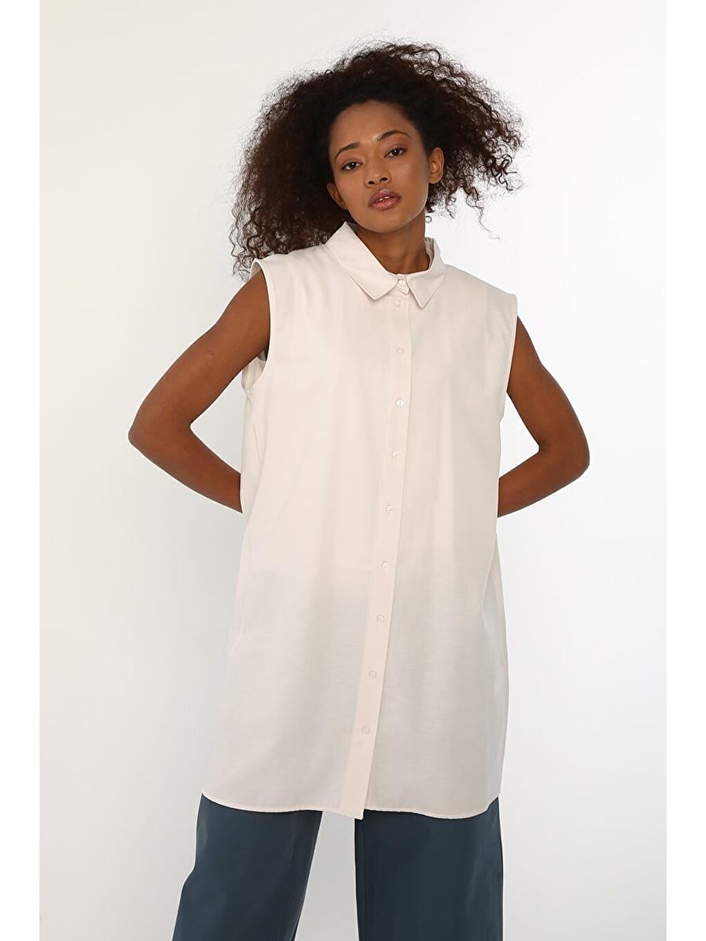 Açık Pembe-Kolsuz Basic Gömlek Tunik