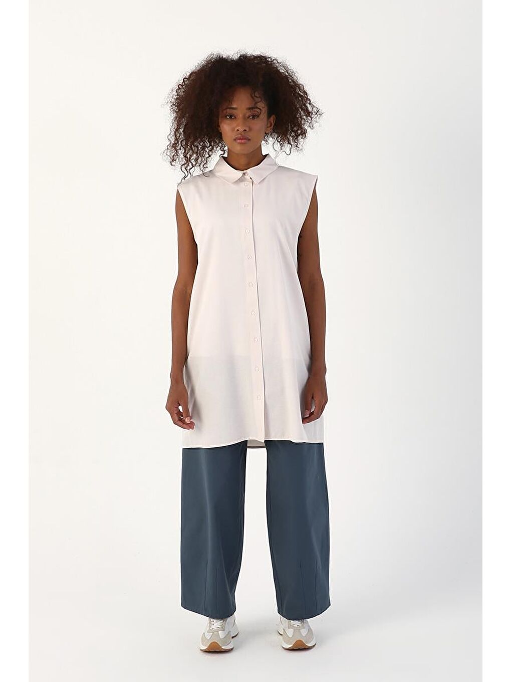 Açık Pembe-Kolsuz Basic Gömlek Tunik-1