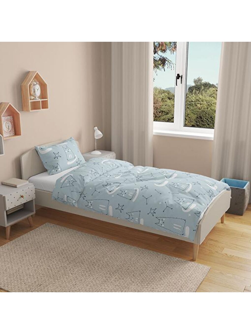 Çocuk Cute Tek Kişilik Pike - Mavi / Beyaz - 160x220 cm