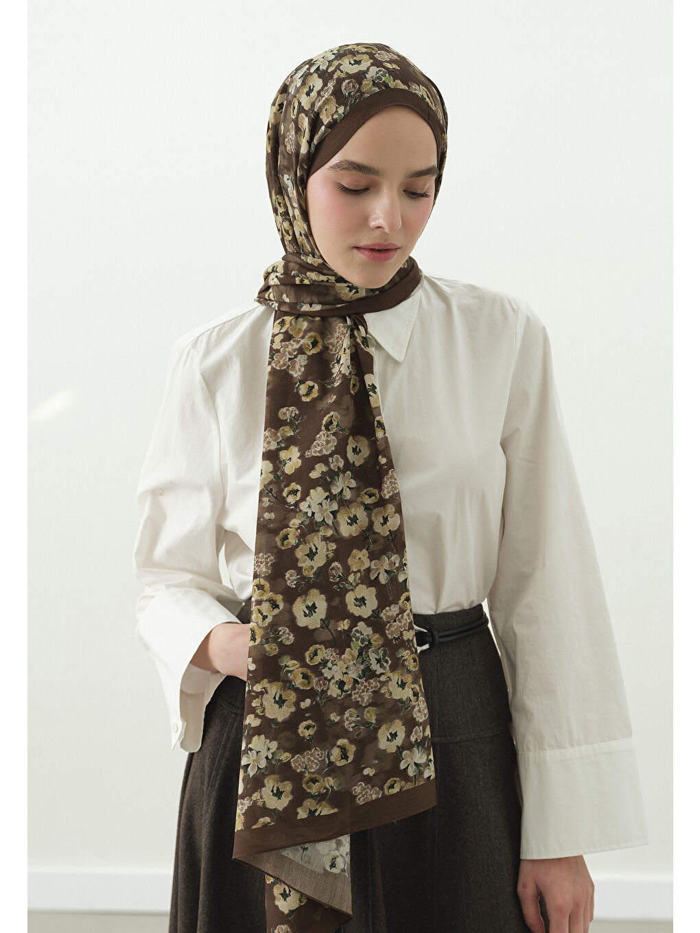 Kahverengi SECRET PEARL DESENLİ PAMUK VİSKON ŞAL ÇİKOLATA-1