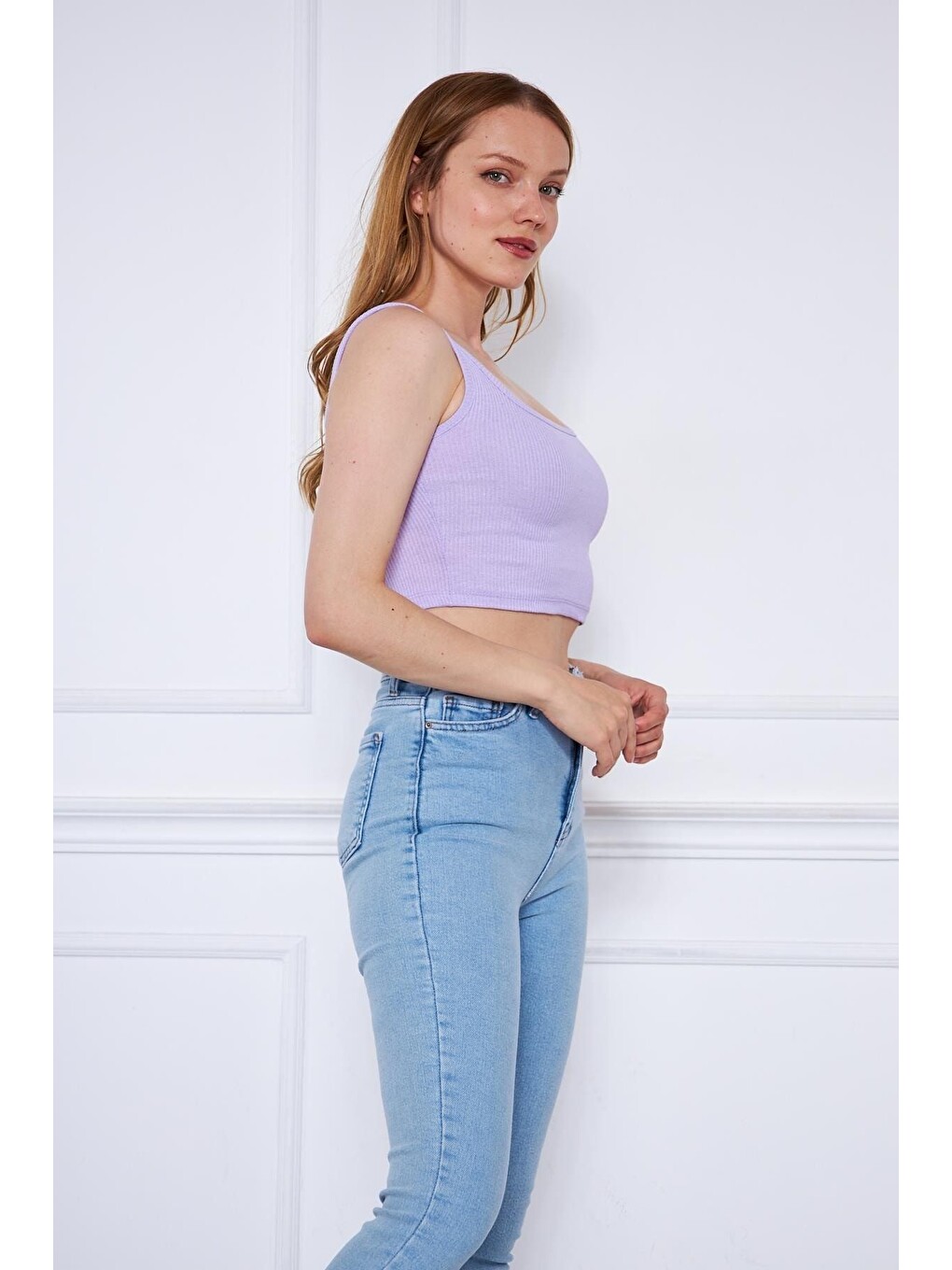 Lila Kadın Askılı Crop Top Bluz-1