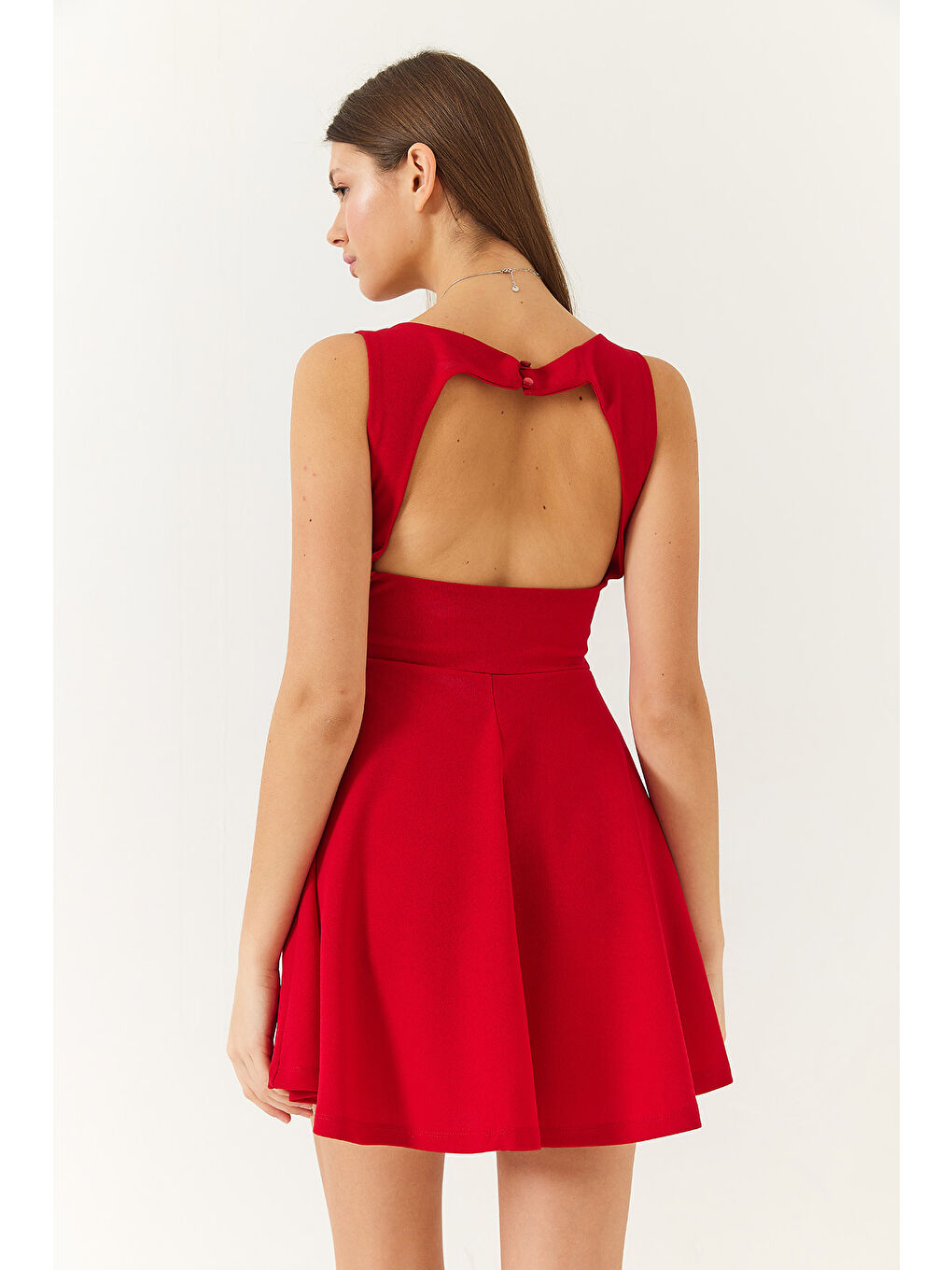 Kırmızı Kadın V Yaka Sırt Dekolteli Mini Elbise-6