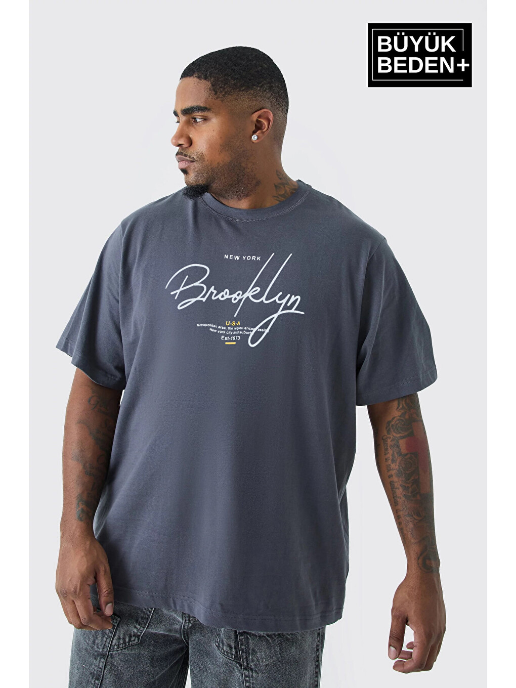 Gri Erkek Büyük Beden El Yazılı Brooklyn Baskılı 3xl-6xl Bisiklet Yaka Tshırt Spr26bts510-6