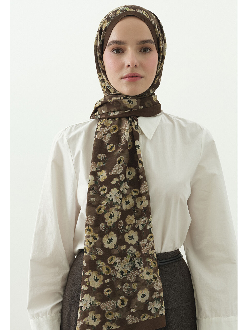 Kahverengi SECRET PEARL DESENLİ PAMUK VİSKON ŞAL ÇİKOLATA-3