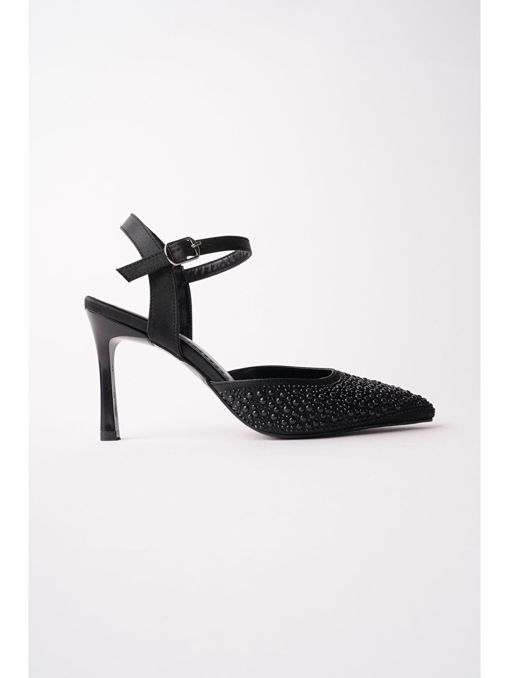 Siyah CLUJ İnci Taş İşlemeli Sivri Burun Bilekten Bantlı Kadın Abiye Topuklu Ayakkabı