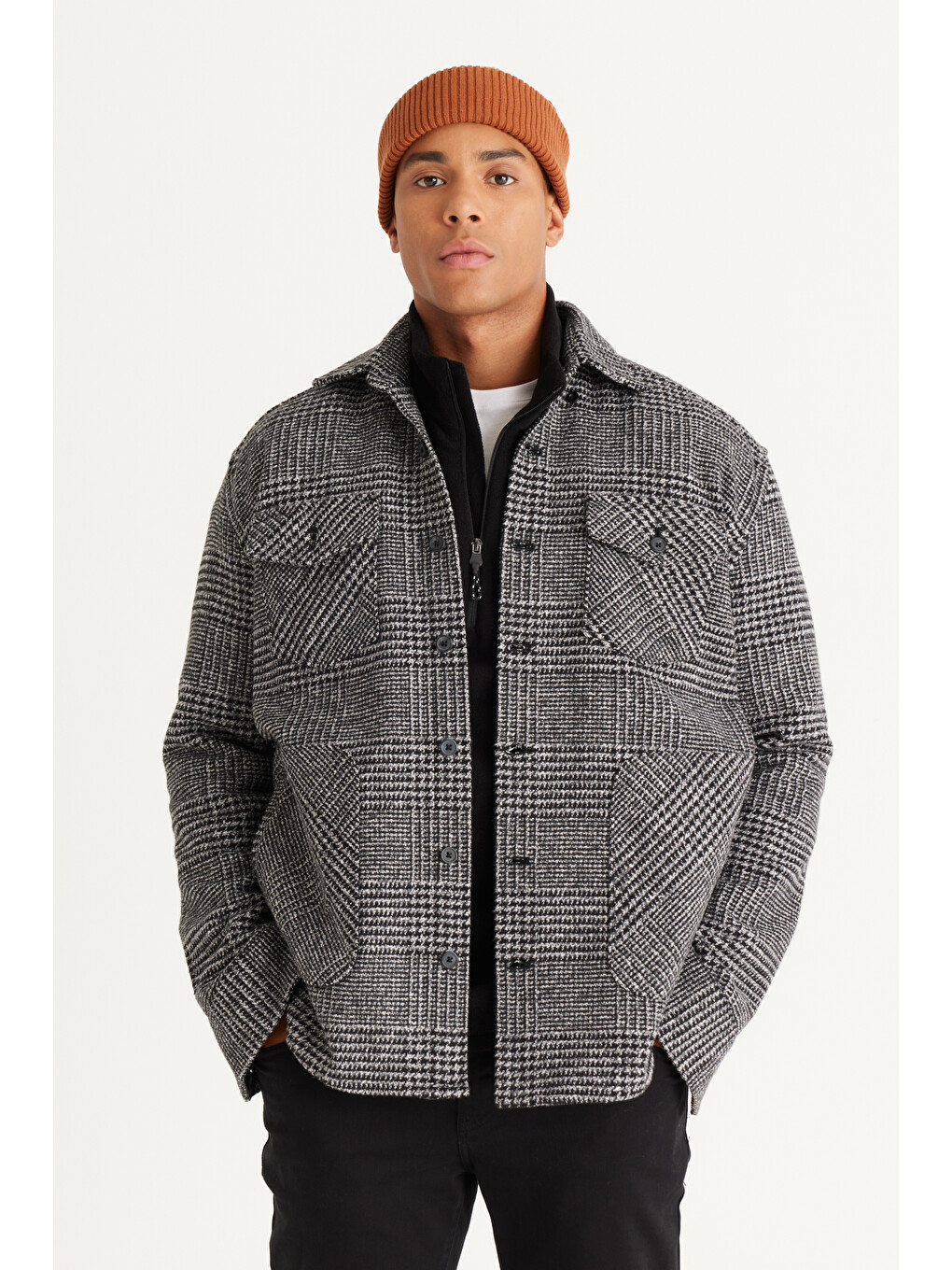 Erkek Siyah-beyaz Oversize Fit Geniş Kesim Gizli Düğme Yaka Desenli Gömlek Ceket