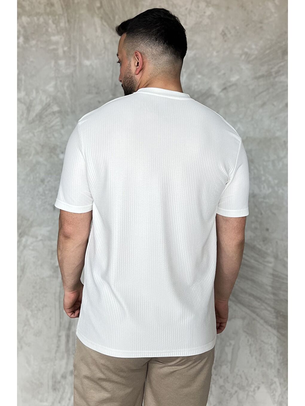 Ekru Kendinden Desenli Bisiklet Yaka Erkek Tişört-2