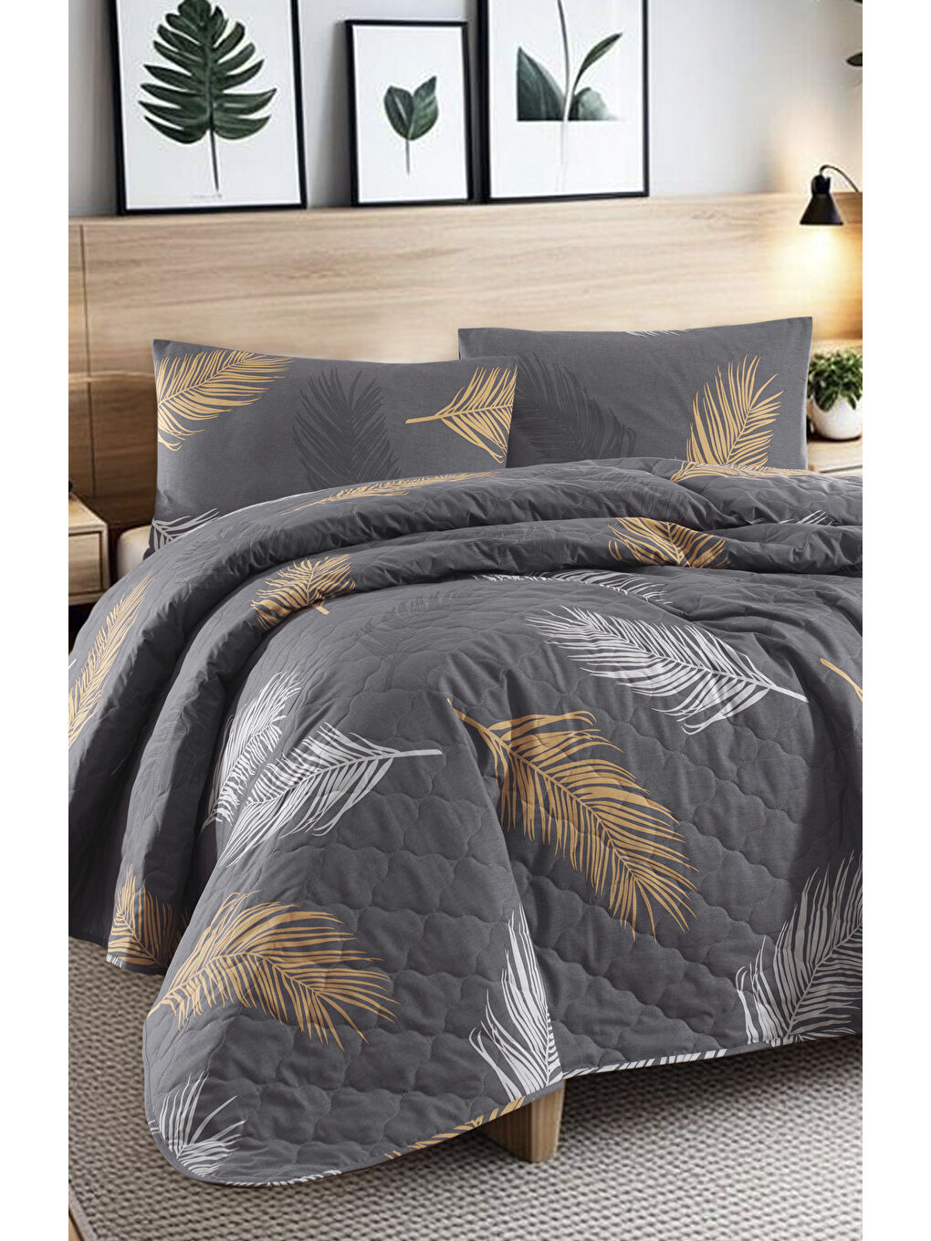 Sarı Kapitone Yatak Örtüsü Seti Tek Kişilik Olivia Altın-Gri-1