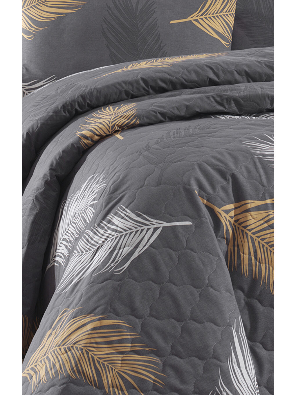 Sarı Kapitone Yatak Örtüsü Seti Tek Kişilik Olivia Altın-Gri-2