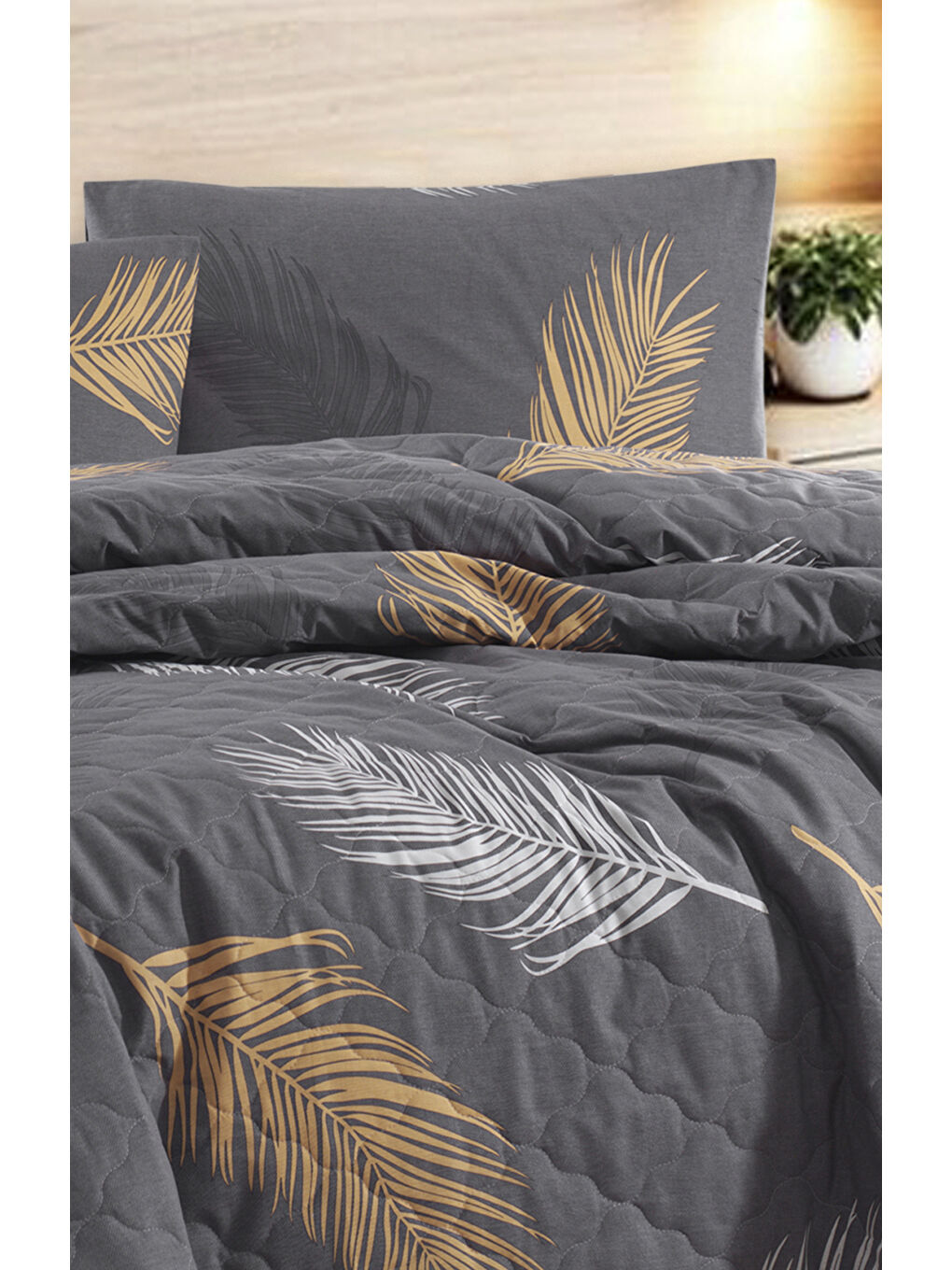 Sarı Kapitone Yatak Örtüsü Seti Tek Kişilik Olivia Altın-Gri-3