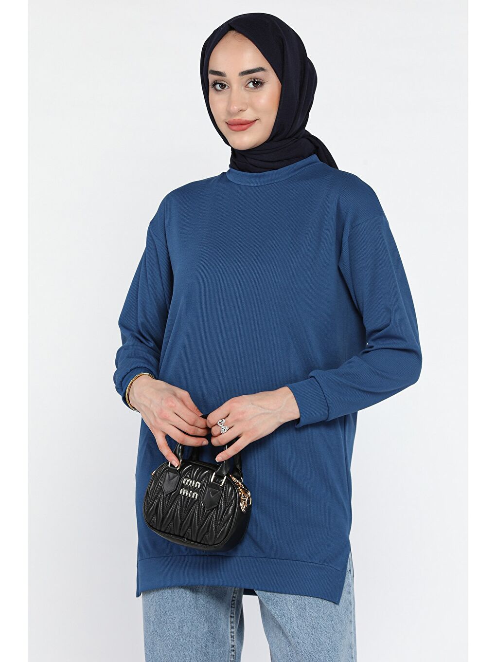 Lacivert Kadın Bisiklet Yaka Kendinden Çizgi Desenli Tesettür Tunik-2