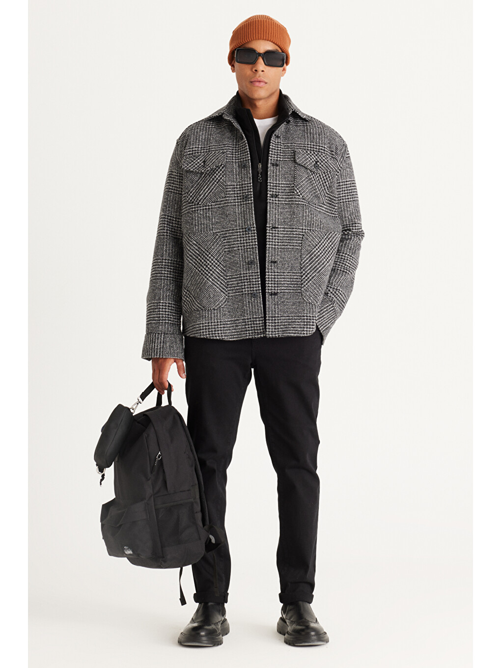 Erkek Siyah-beyaz Oversize Fit Geniş Kesim Gizli Düğme Yaka Desenli Gömlek Ceket-1