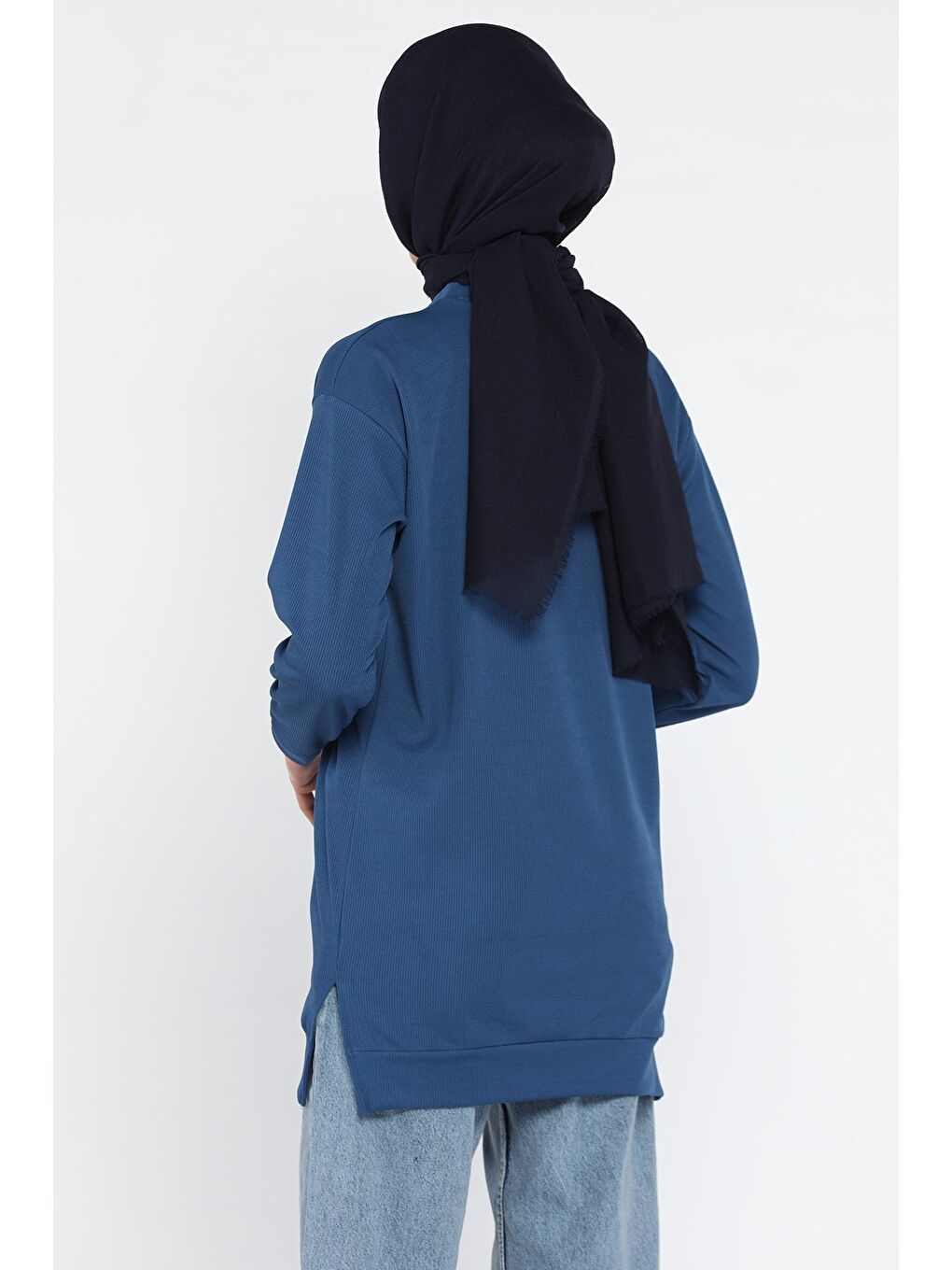 Lacivert Kadın Bisiklet Yaka Kendinden Çizgi Desenli Tesettür Tunik-4