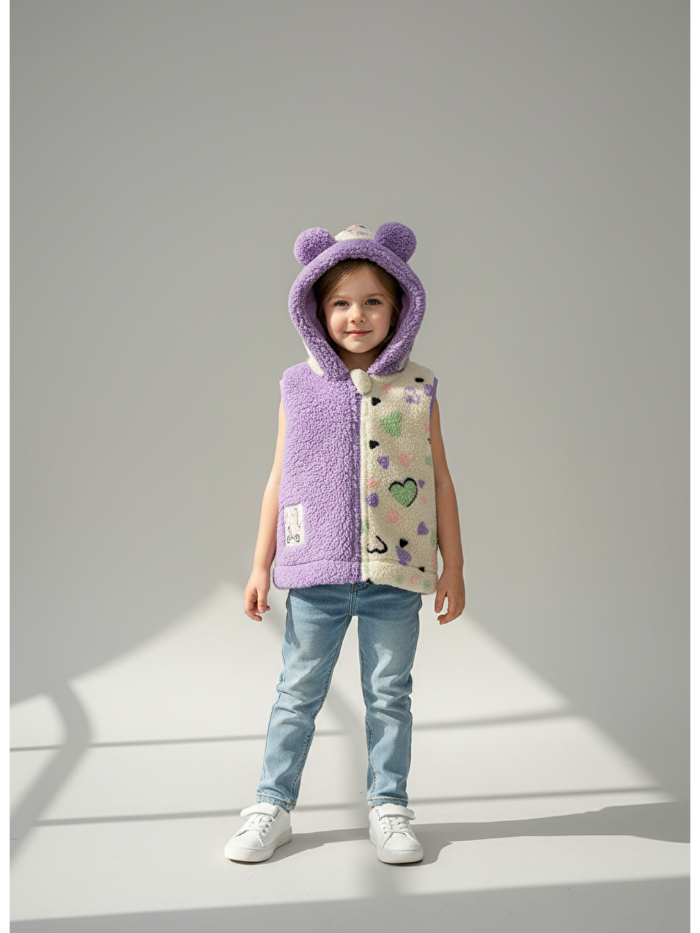 Karışık Kız Çocuk Pamuklu Lila Kalpli Pelüş Kulaklı Kapüşonlu Yelek - Yumuşak Dokulu-1