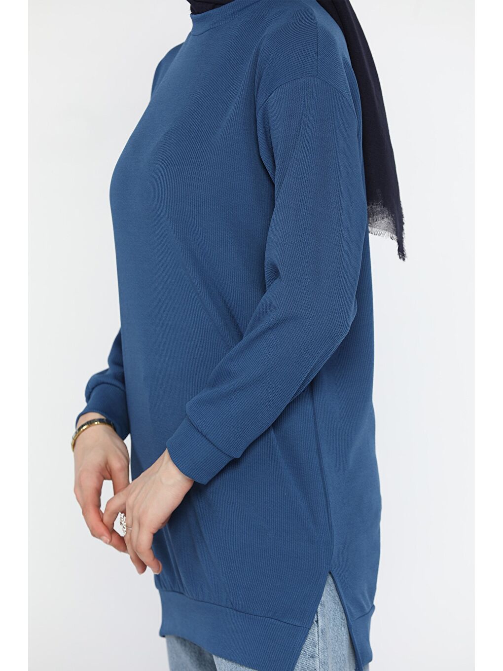 Lacivert Kadın Bisiklet Yaka Kendinden Çizgi Desenli Tesettür Tunik-7