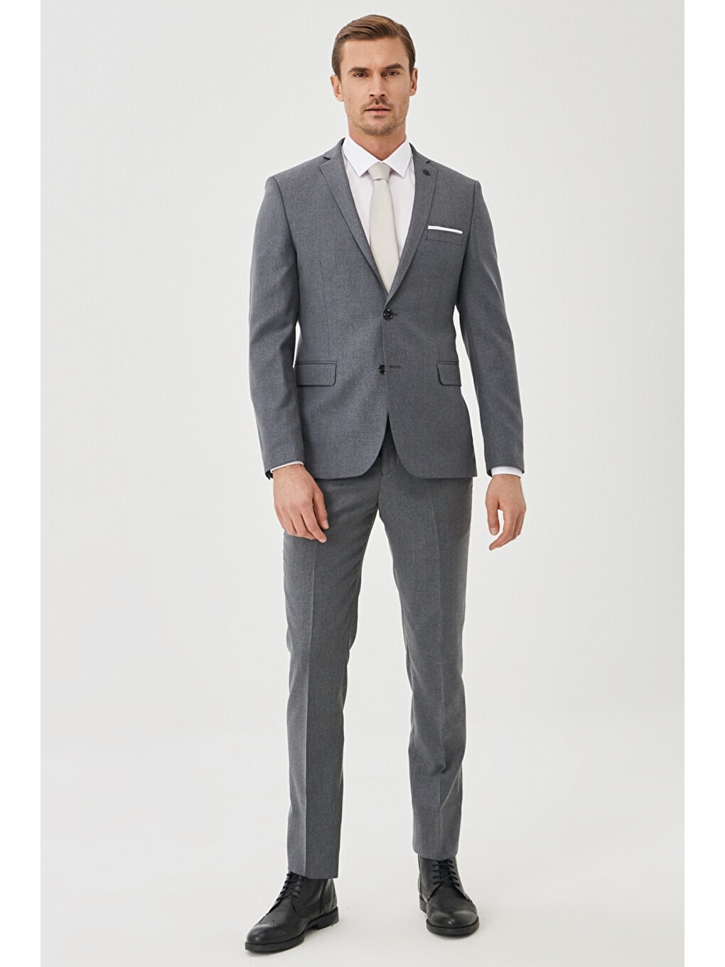 Erkek Gri Slim Fit Dar Kesim Mono Yaka Desenli Takım Elbise-1
