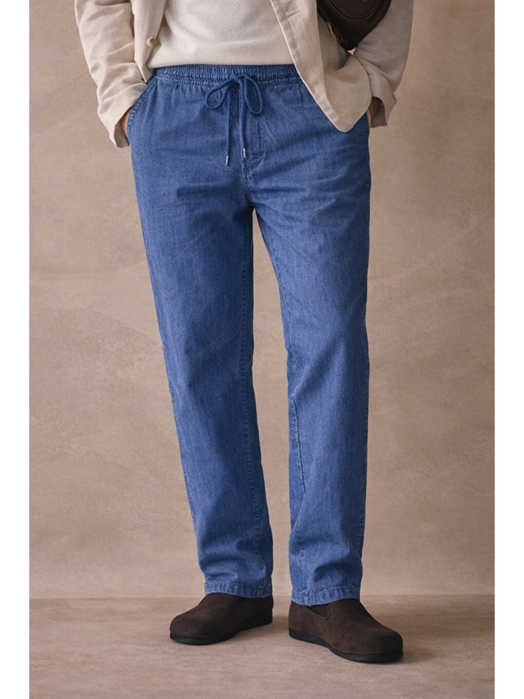 Lacivert Füme Renk Erkek Yazlık Keten Karışımı Relaxed Pantolon