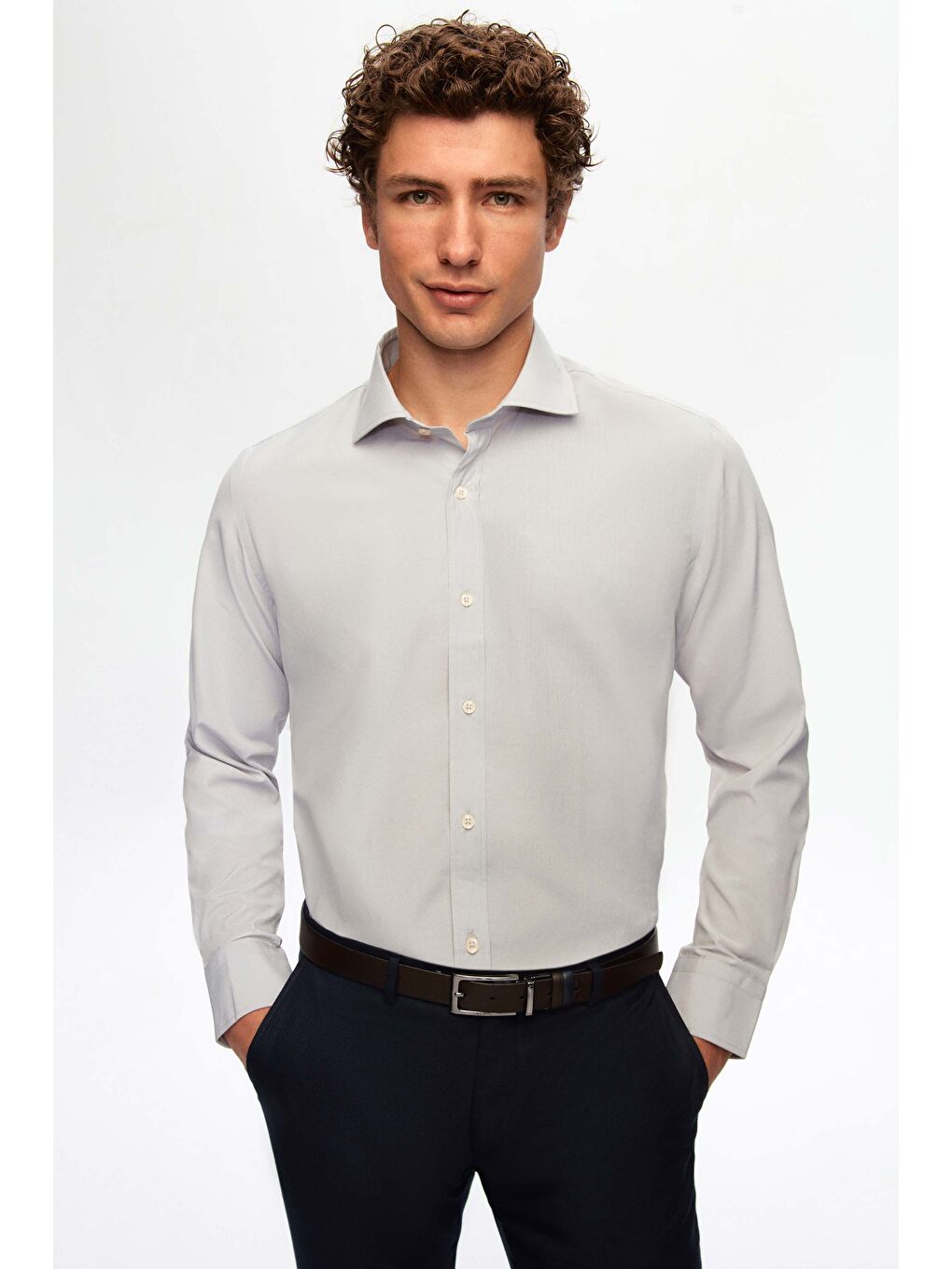 Slim Fit Gri İtalyan Yaka Dar Kesim Klasik Kravatlık Uzun Kol Kolay Ütülenebilir Gömlek