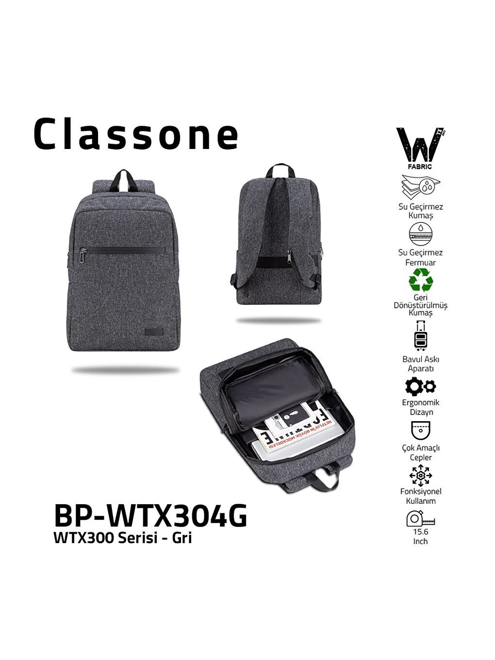 Bp-wtx304g 15,6"su Geçirmez Kumaş Fermuar Notebook Sırt Çantası Gri-3