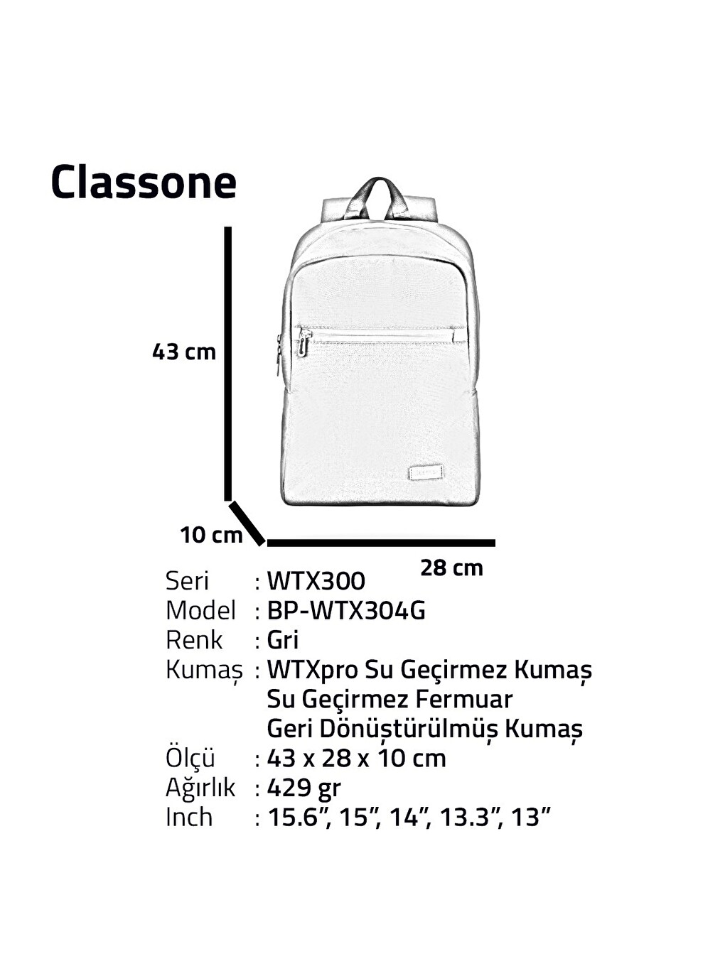 Bp-wtx304g 15,6"su Geçirmez Kumaş Fermuar Notebook Sırt Çantası Gri-4