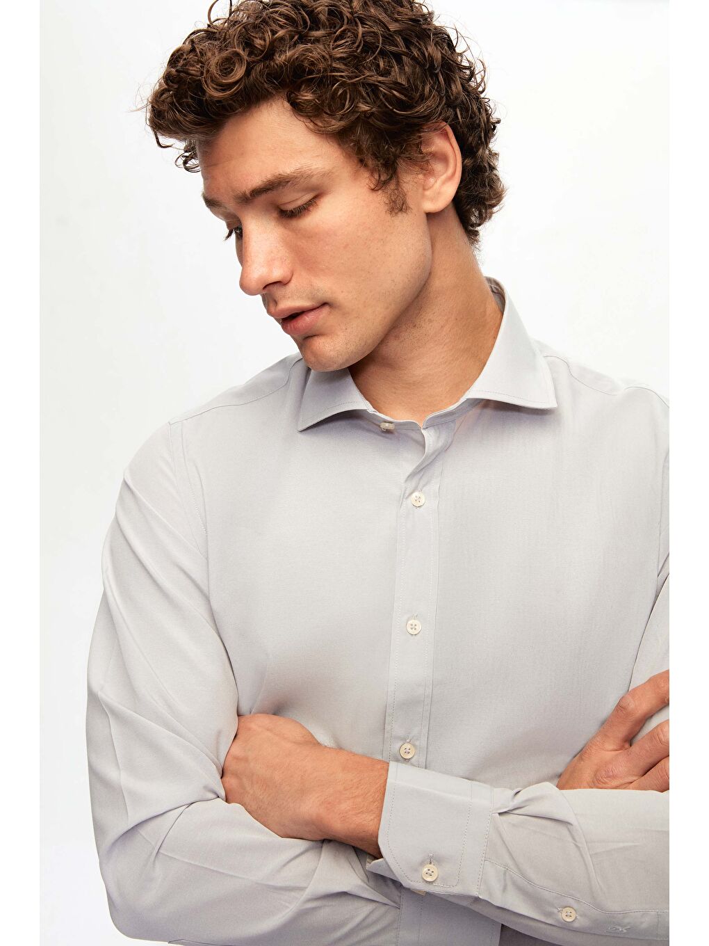 Slim Fit Gri İtalyan Yaka Dar Kesim Klasik Kravatlık Uzun Kol Kolay Ütülenebilir Gömlek-3