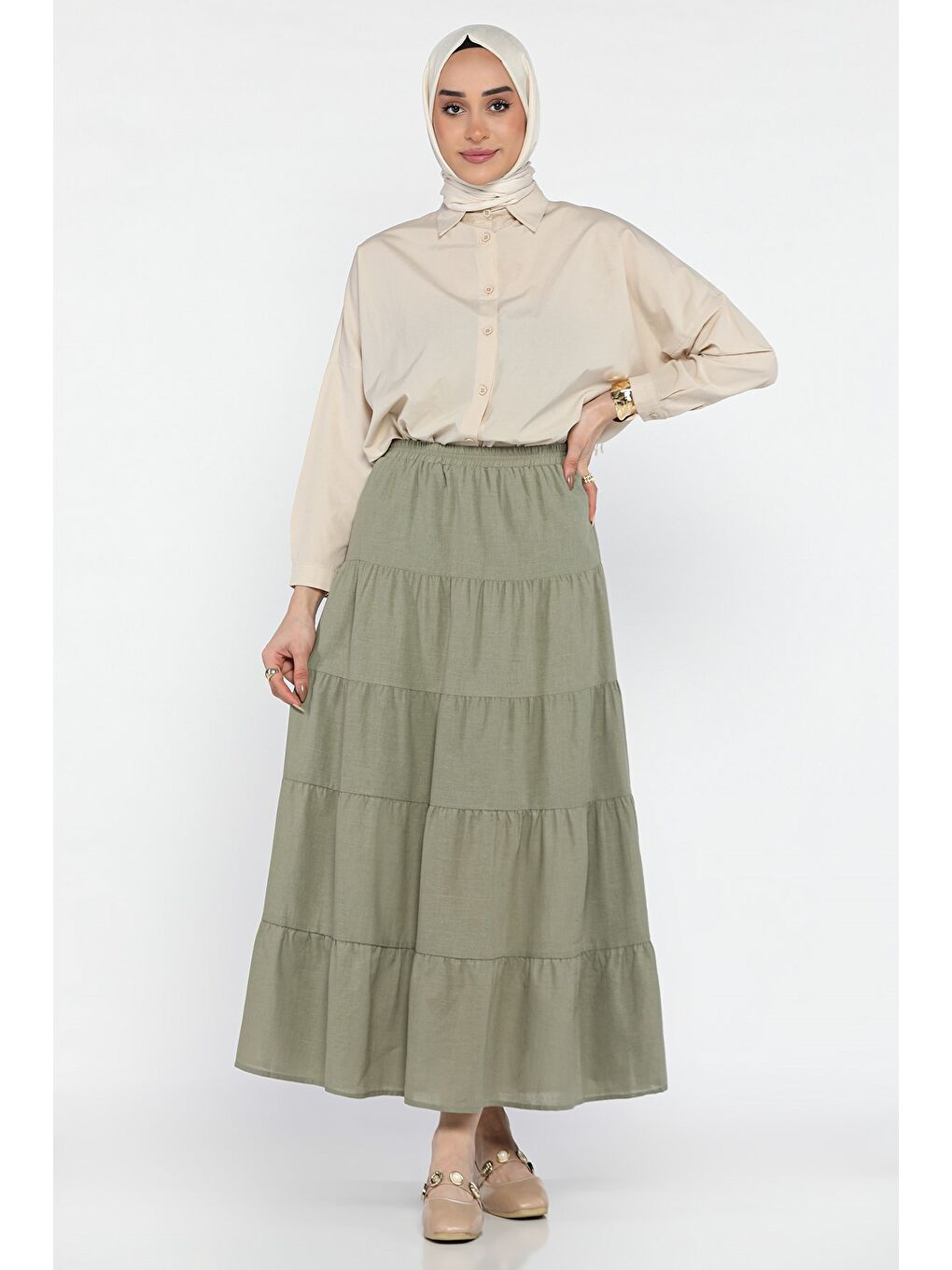Haki Kadın Bel Lastikli Katlı Ve Pileli Tesettür Etek-3