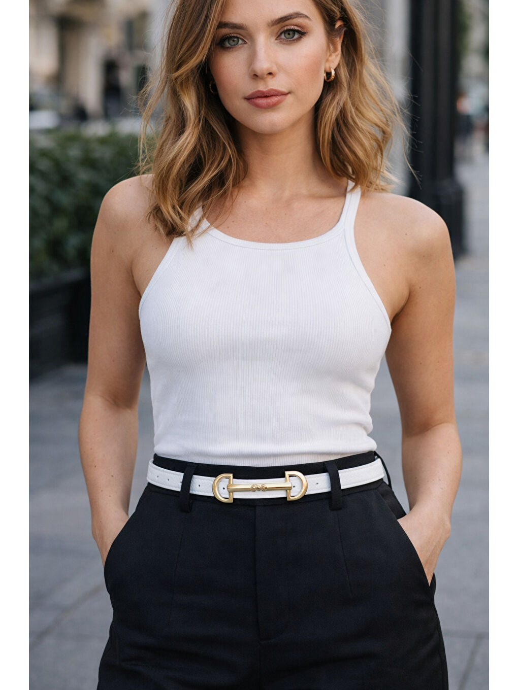 Uzun Tokalı Beyaz İnce Kadın Kemeri Ceket Kemeri, Gömlek Kemeri, Elbise Kemeri KMR001 BEYAZ