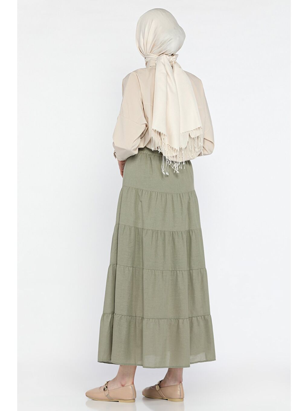 Haki Kadın Bel Lastikli Katlı Ve Pileli Tesettür Etek-4
