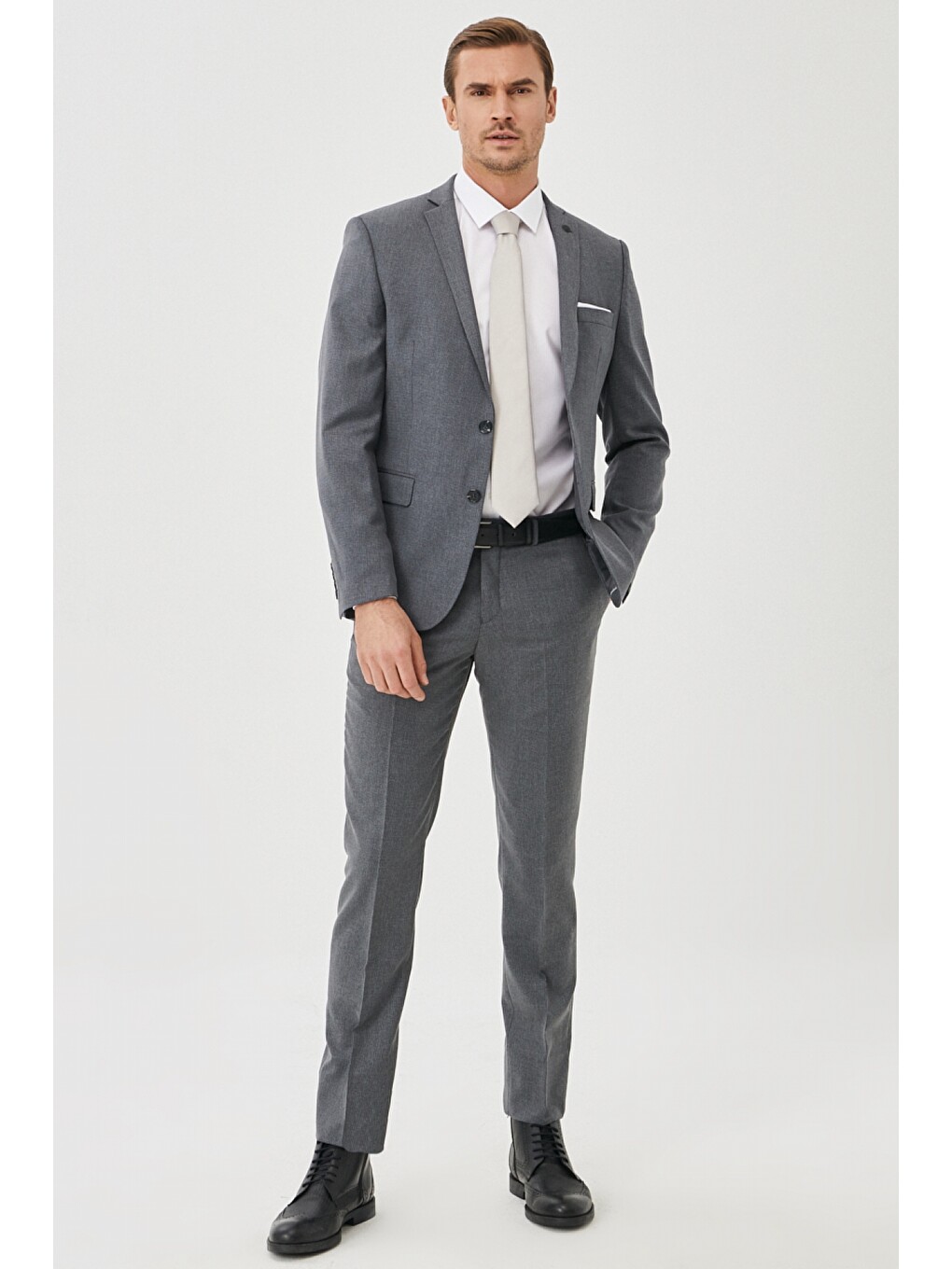 Erkek Gri Slim Fit Dar Kesim Mono Yaka Desenli Takım Elbise-3