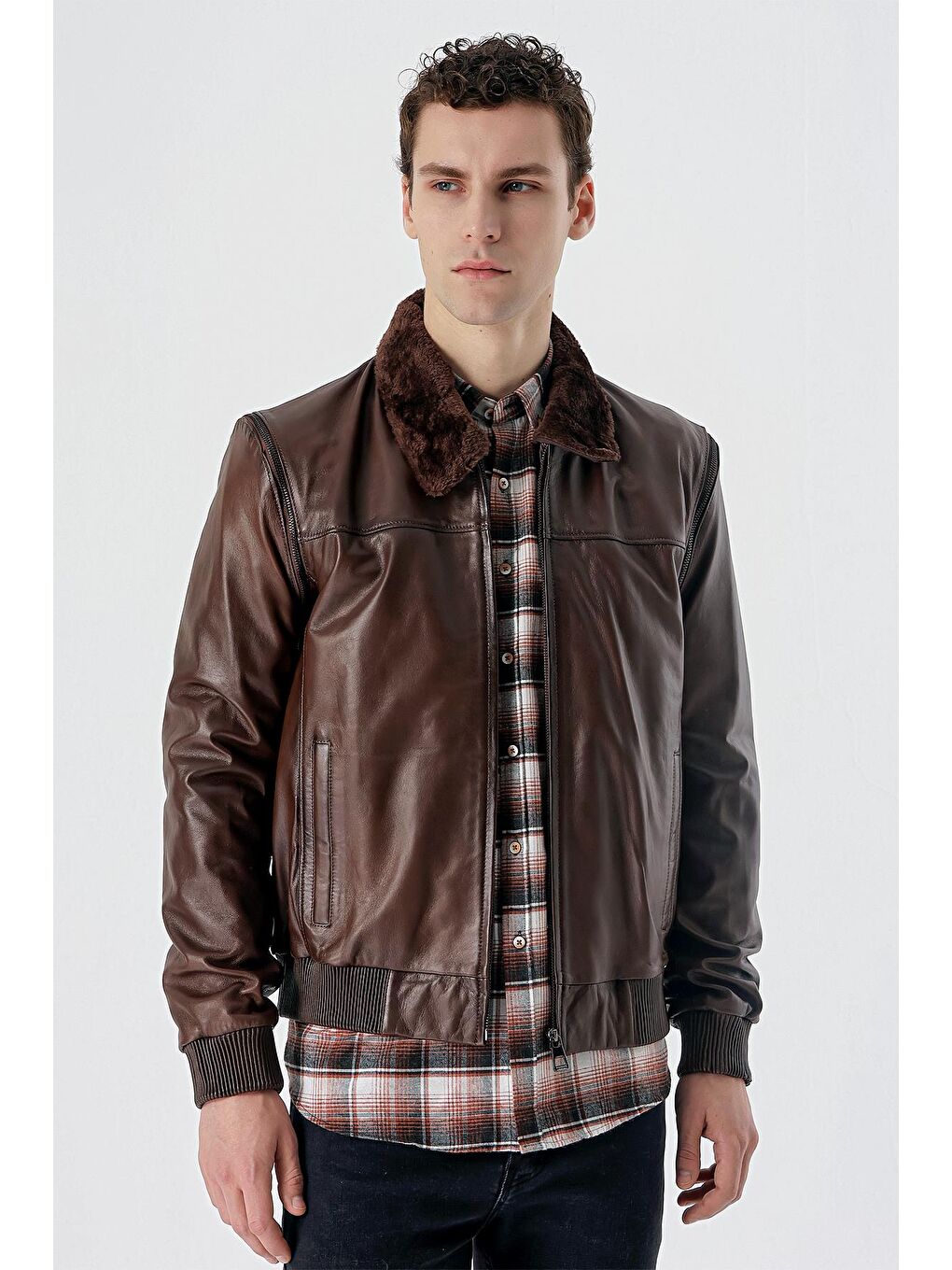 Koyu Kahverengi Gömlek Yaka Hakiki Deri Comfort Fit Rahat Kesim Casual Mont 1038235208-1