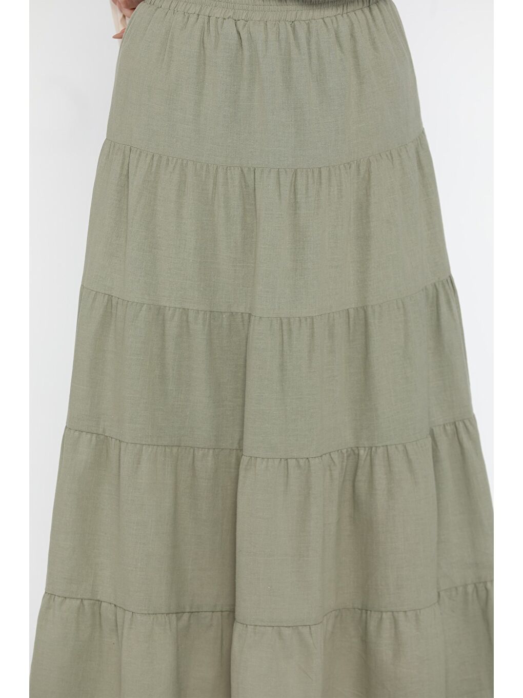 Haki Kadın Bel Lastikli Katlı Ve Pileli Tesettür Etek-7