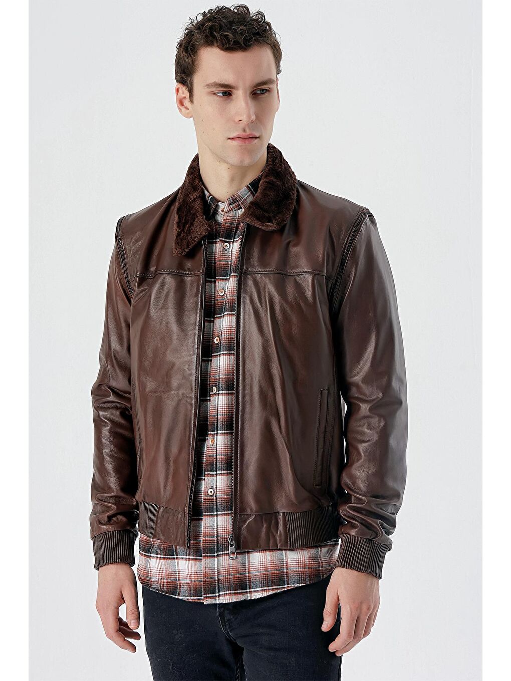 Koyu Kahverengi Gömlek Yaka Hakiki Deri Comfort Fit Rahat Kesim Casual Mont 1038235208-2