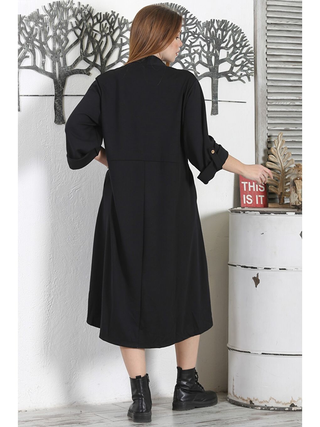 Siyah V Yaka Düğmeli Uzun Kollu Gizli Cepli Casual Uzun Dokuma Elbise-7