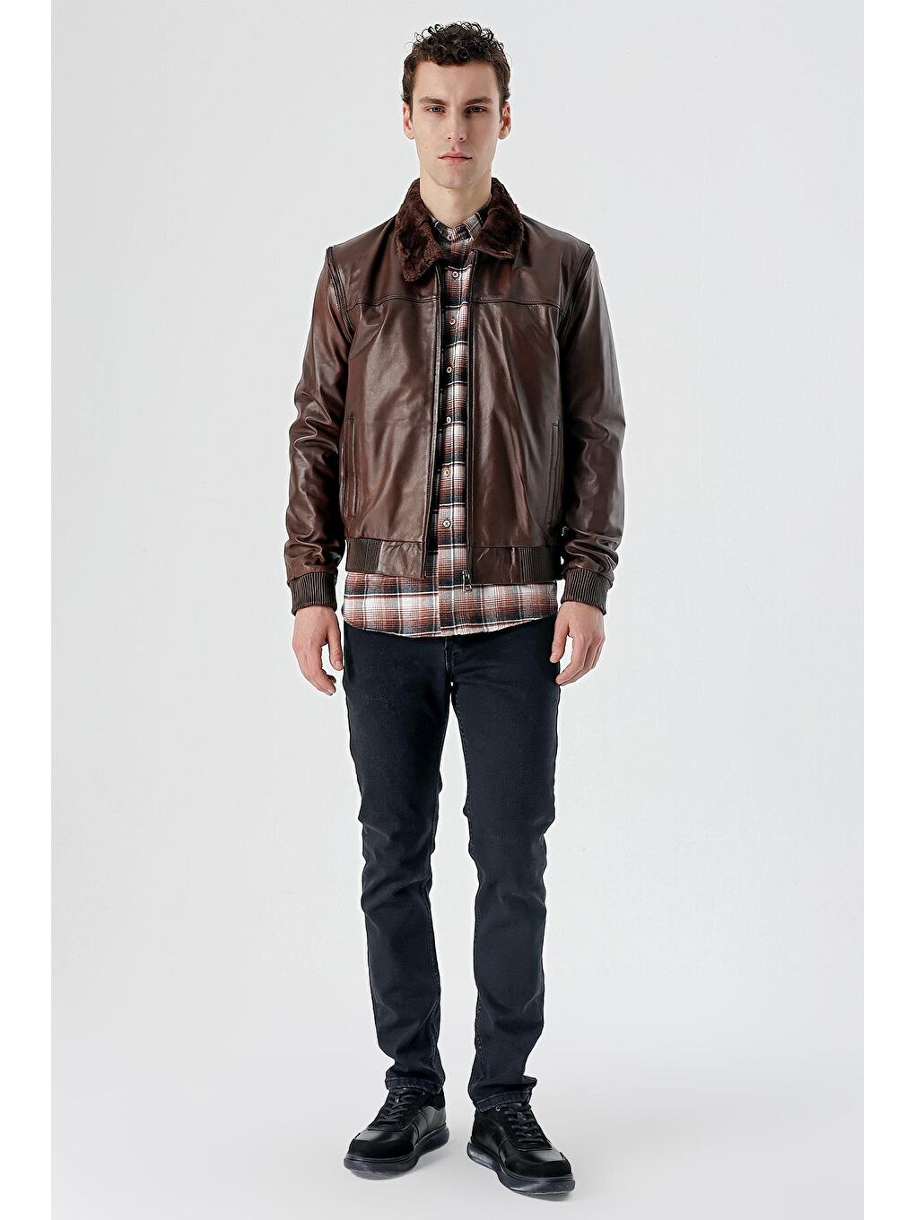 Koyu Kahverengi Gömlek Yaka Hakiki Deri Comfort Fit Rahat Kesim Casual Mont 1038235208-4